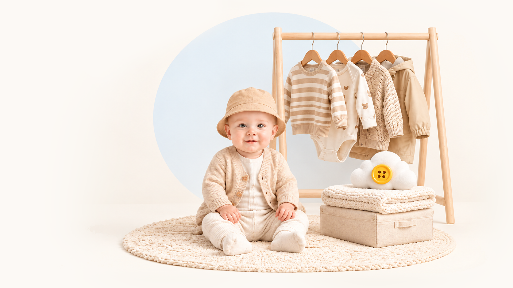A baby sitting beside a small clothes rack